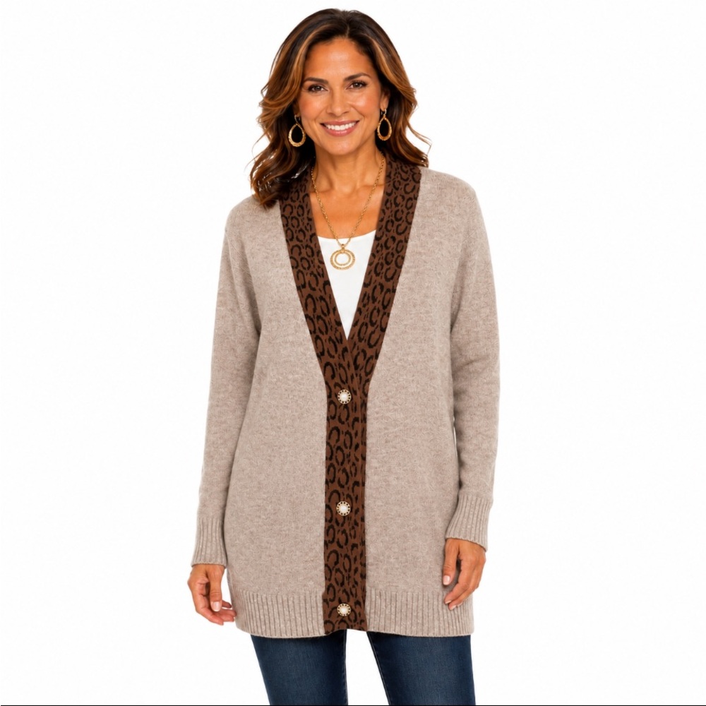 MADE WITH LOVE ❤️Cozy Taupe Open-Front Cardigan with Leopard Trim Size Large 💥🆕💥
